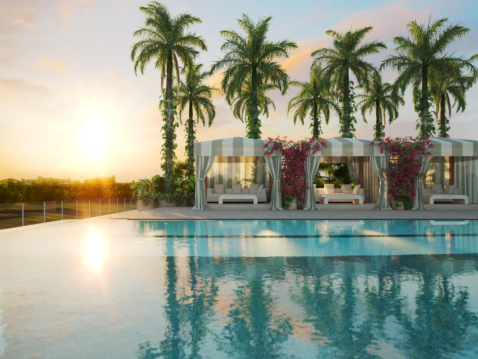 luxury pool with cabanas at sunset