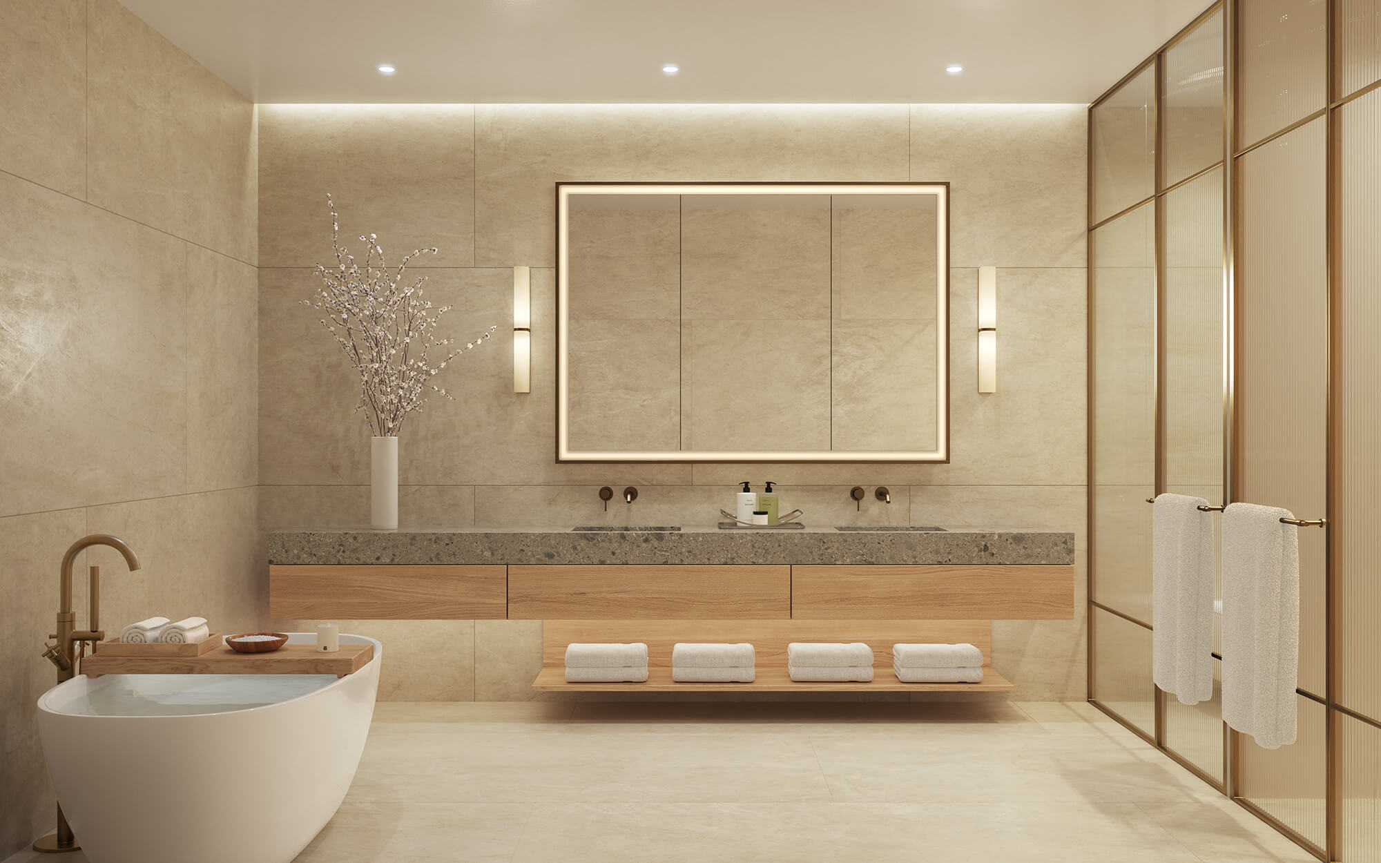 luxury bathroom with dual vanity and tub