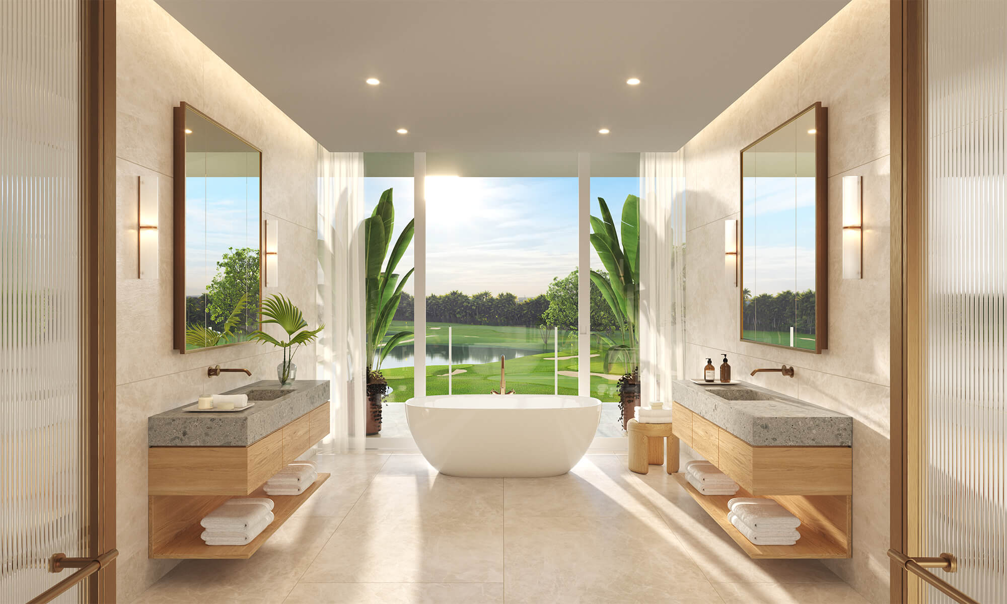 luxury bathroom with dual vanity and tub