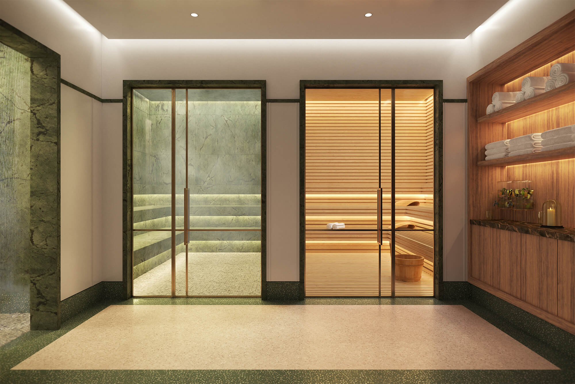 an Indoor-Outdoor Spa with warm light