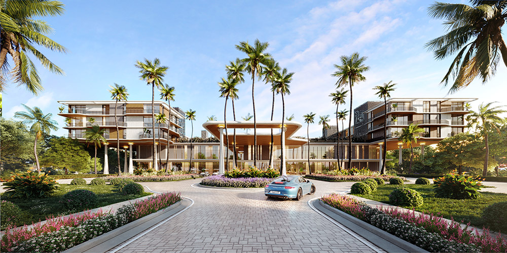 Street view entrance of club with blue skies in the background, and flowers and lush greenery surrounding the road