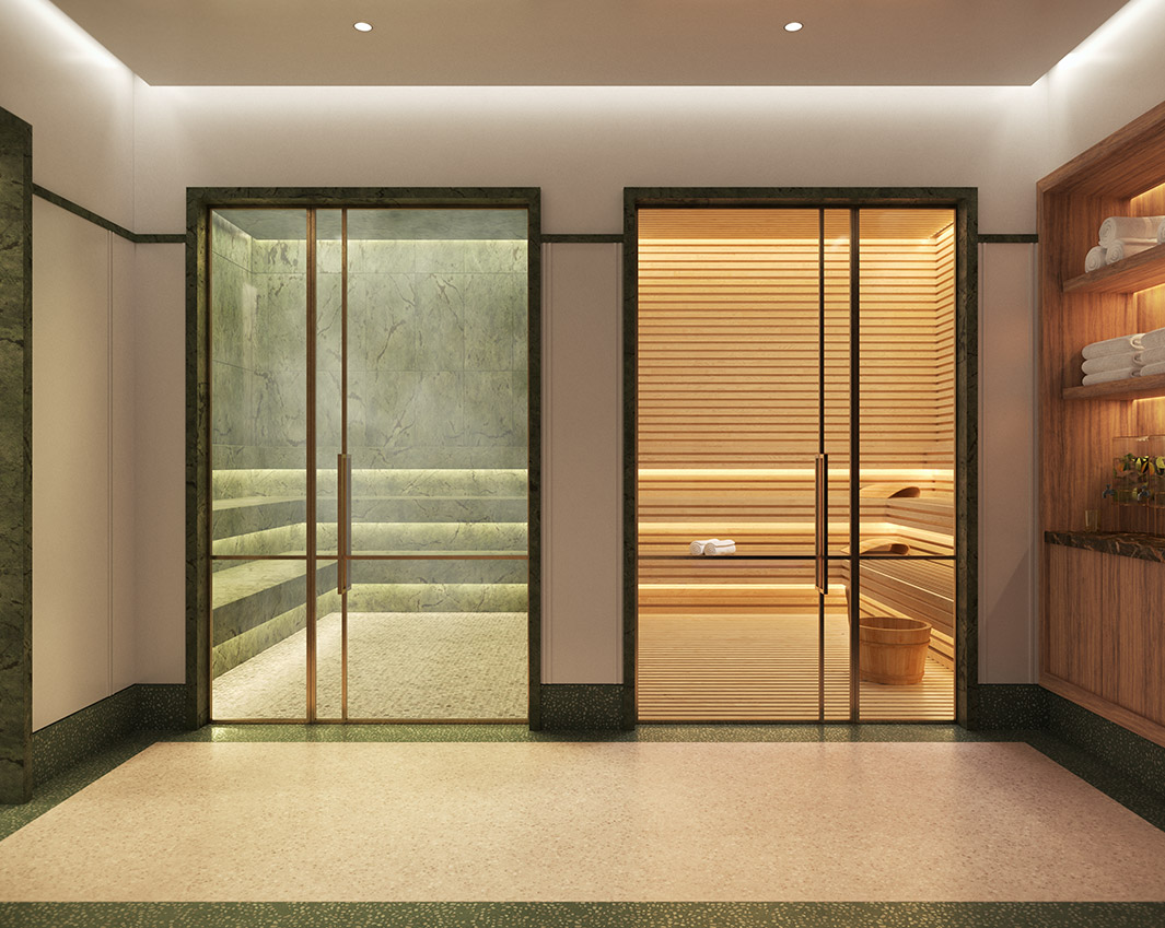 an Indoor-Outdoor Spa with warm light