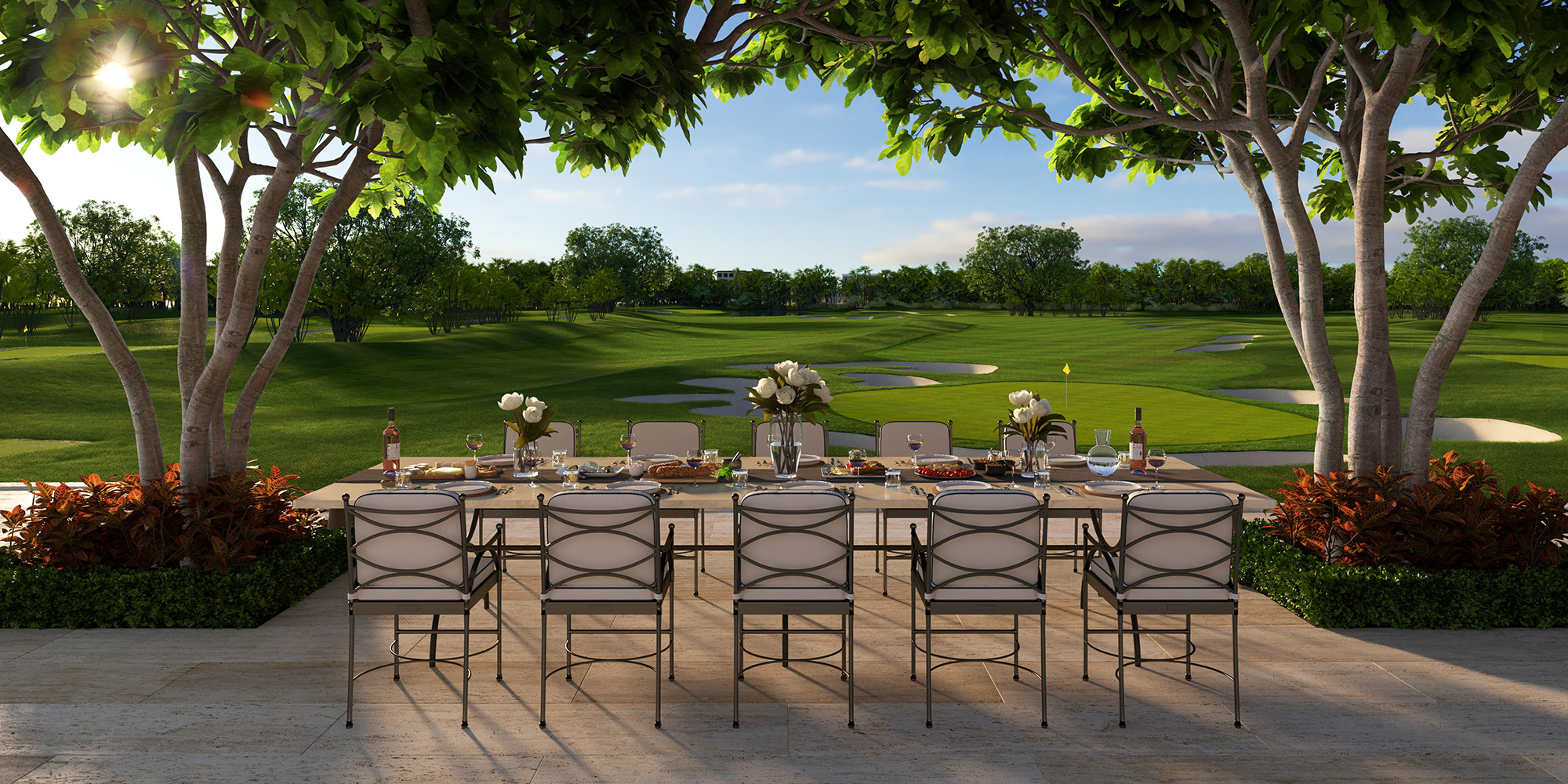 outdoor dining area at sunset