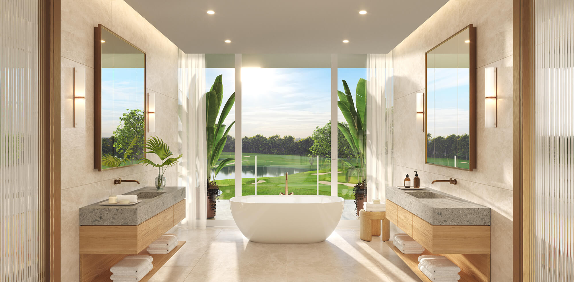 Marble bathroom with view of golf course