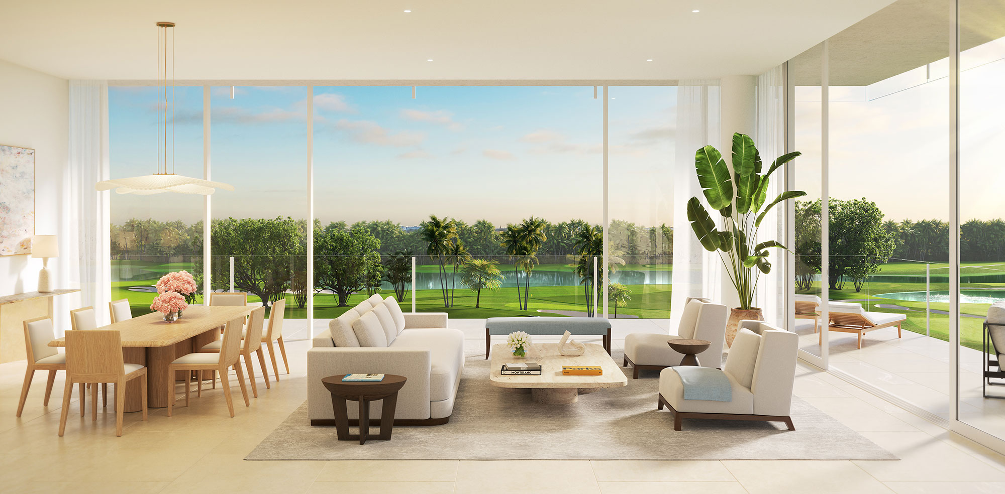 living and dining room with golf course views