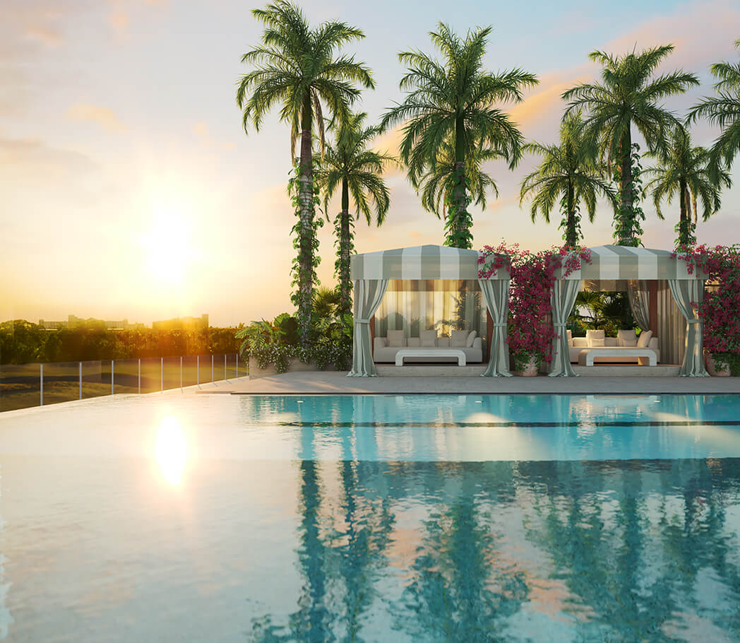 Roof Pool with cabanas at sunset