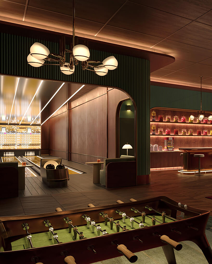 Game Room with foosball, pool, bowling alley, and bar